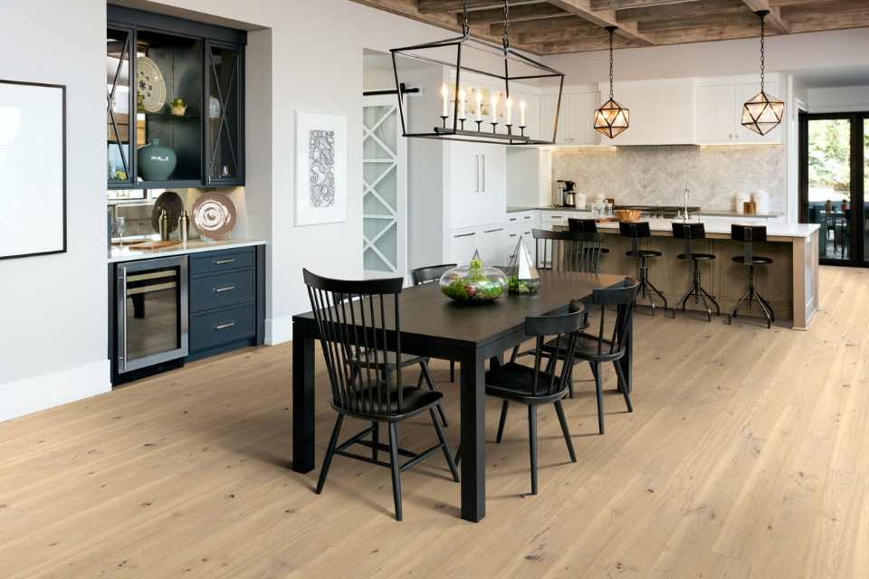 white oak engineered hardwood flooring in open concept modern farmhouse kitchen dining room